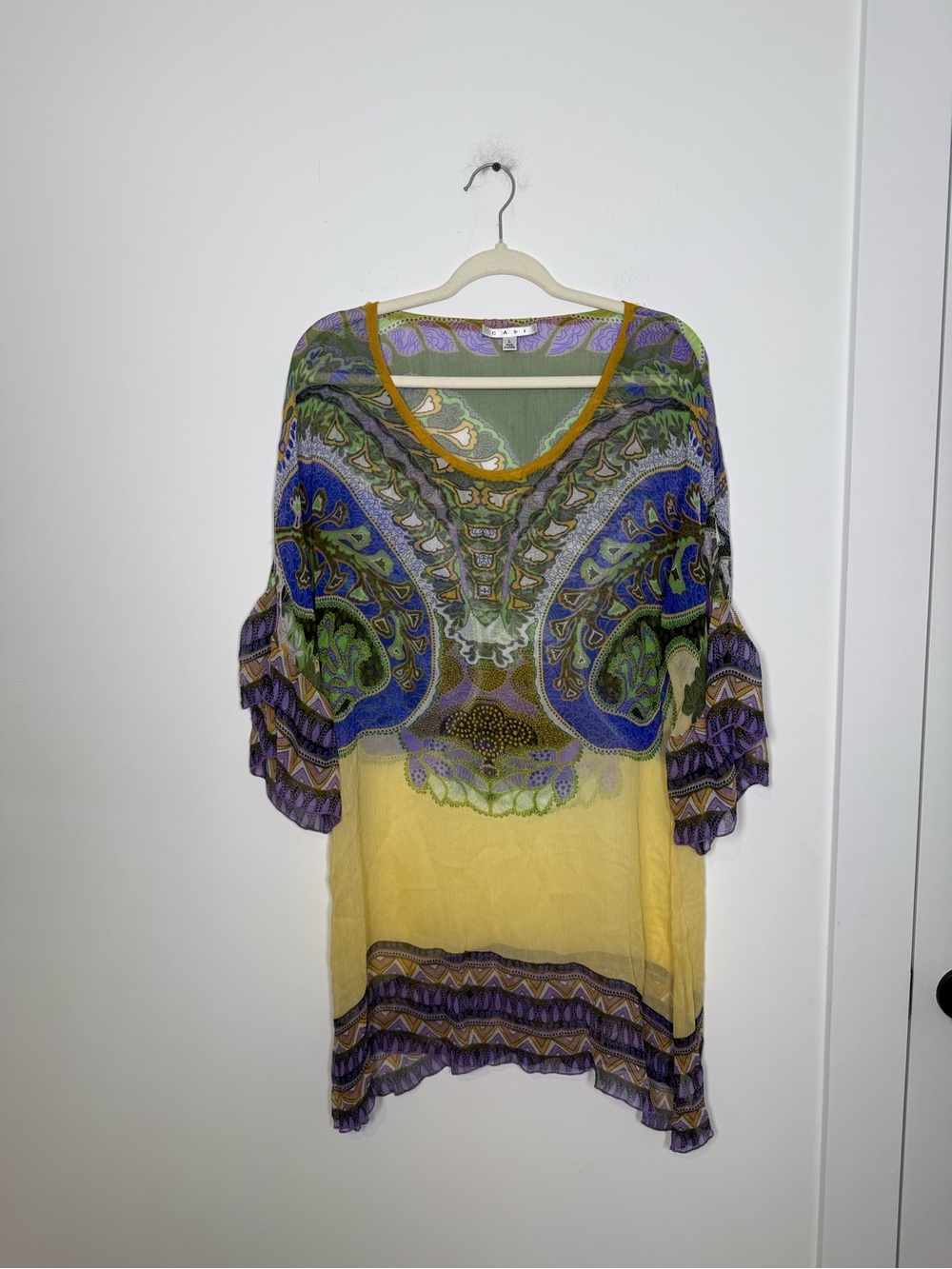 CAbi 100% Silk Paisley Boho Tunic Blouse – Size Large